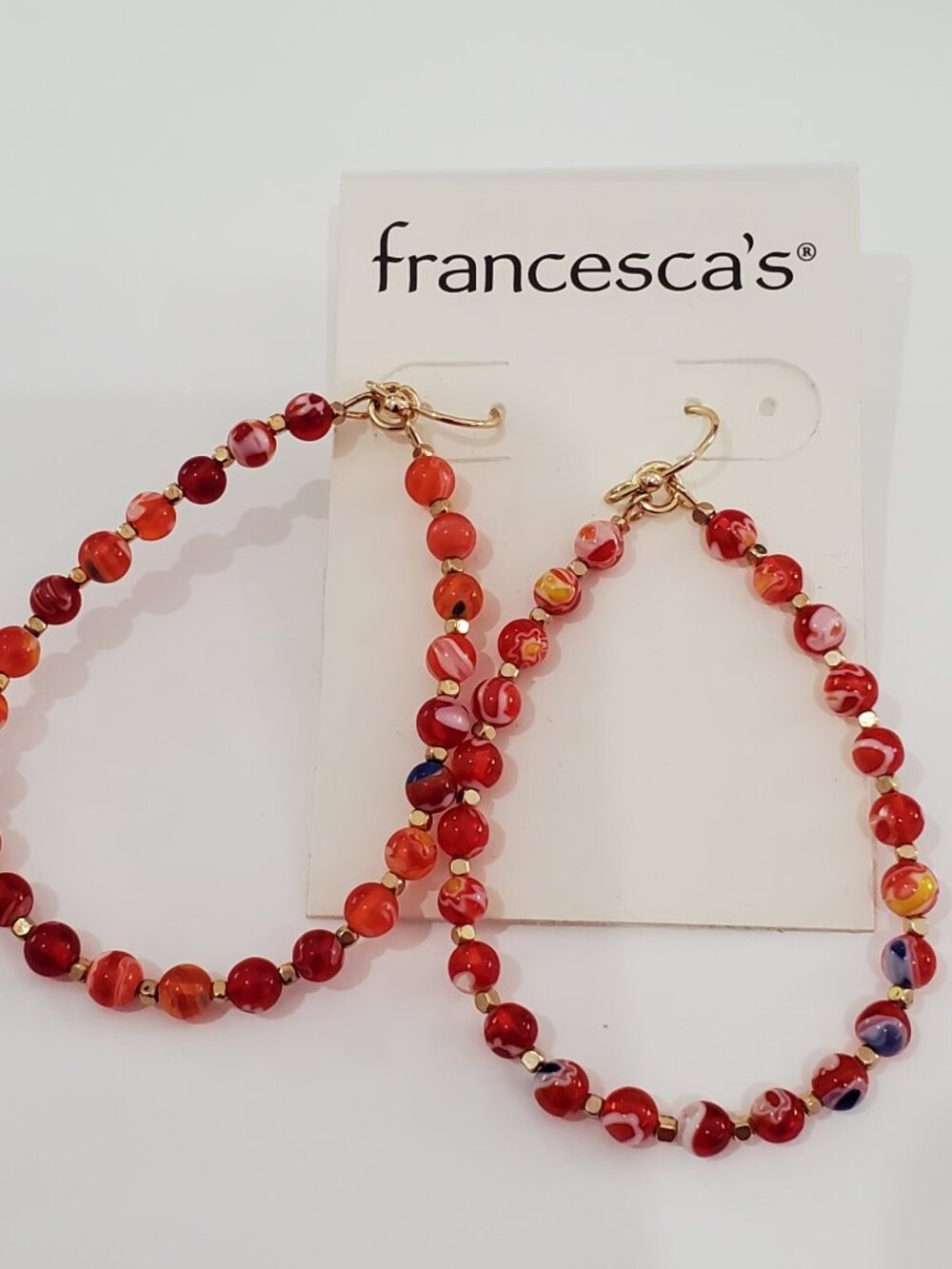 Francesca's Orange Marbled Beaded Large Hoop Pierced Earrings-Gold Accent-NEW
